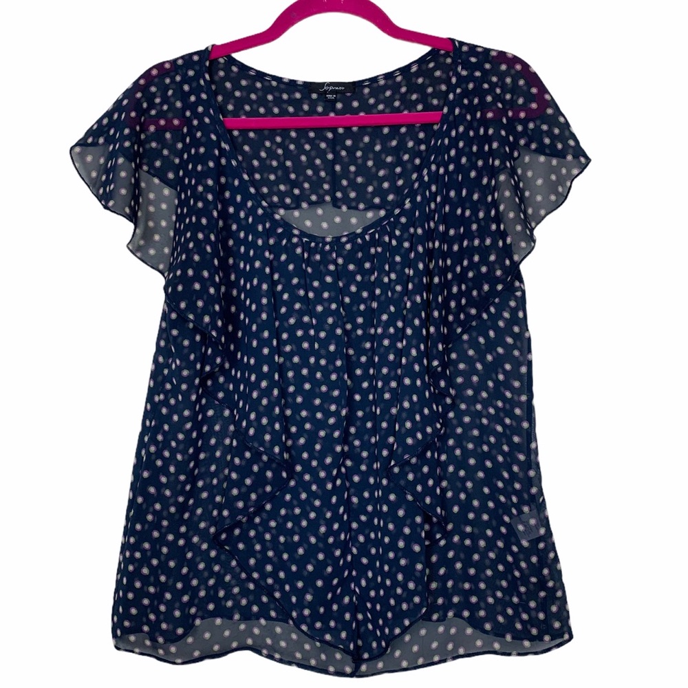 Soprano Ruffled Flowy PolkaDot Semi Sheer Blouse M